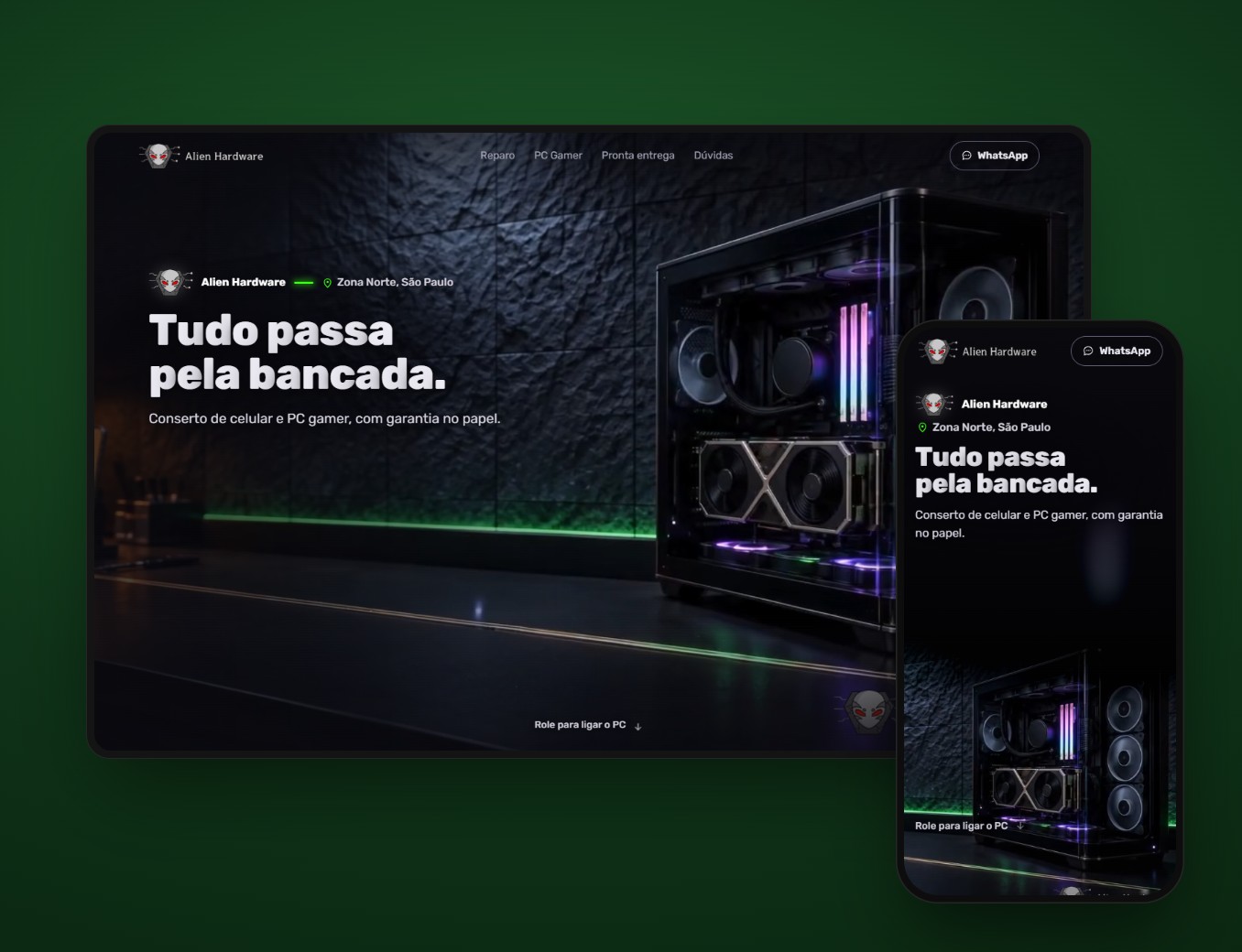 Site da Alien Hardware no computador e no celular